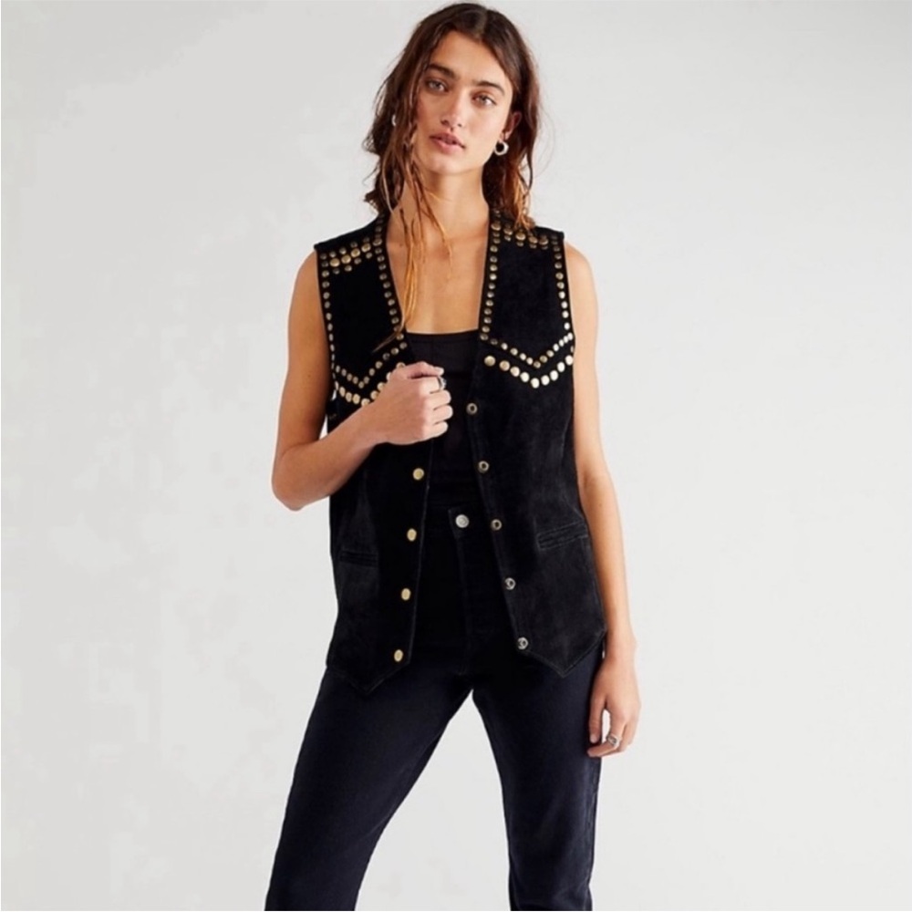 Stud-Embellished Black Suede Vest